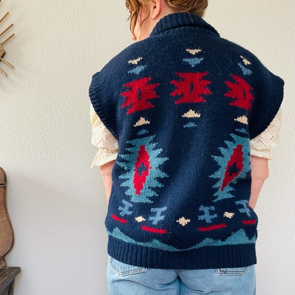 Vintage Jackets & Blazers - Vintage 90s geometric southwestern navy red wool Eddie Bauer sweater vest Sz L